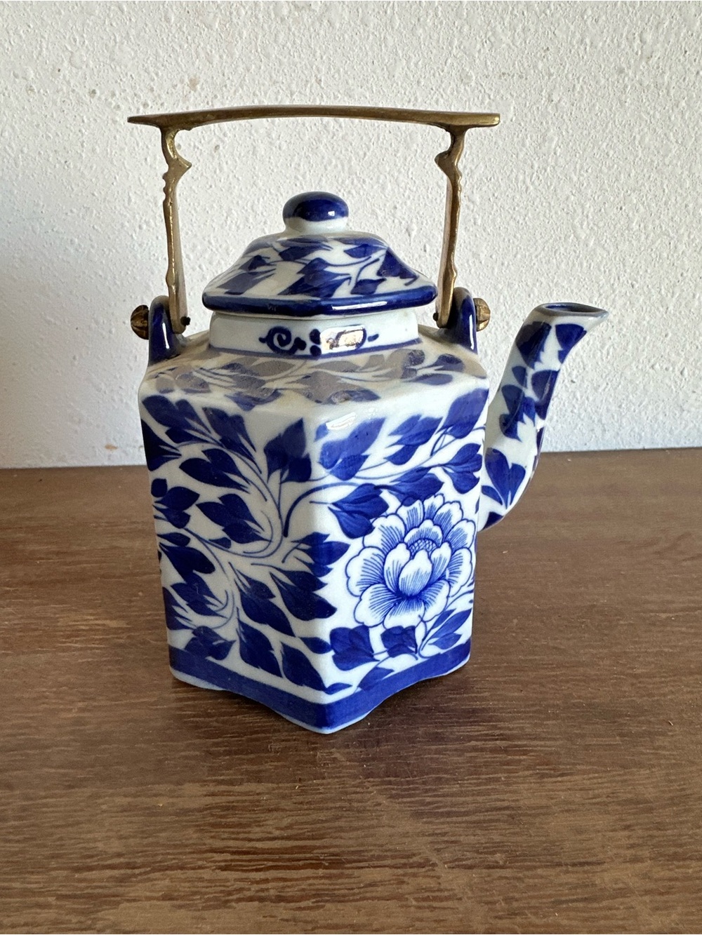 FLORENCE Blue and White Floral Ceramic Teapot with Brass Handle